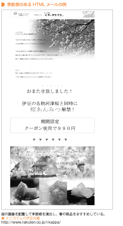 桜の画像を配置して季節感を演出し、春の商品をおすすめしている