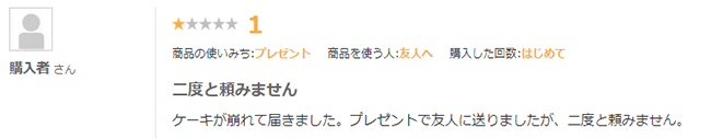 購入したお客さんから、「ケーキが崩れて届いて、二度と頼みません」というコメント