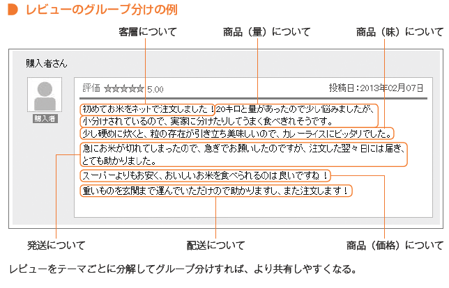 レビューを「客層」や「商品（量）」などに分解してグループ分けすれば、より共有しやすくなる